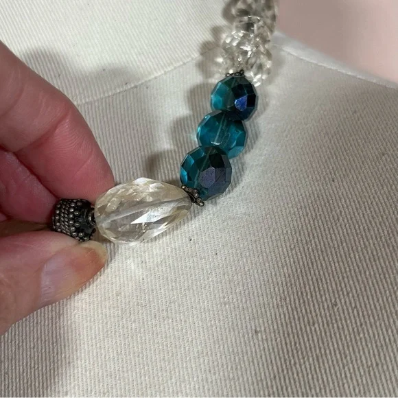 Vintage Bohemian Silver Heavy Clear Quartz Stone Blue Chunky Western Necklace